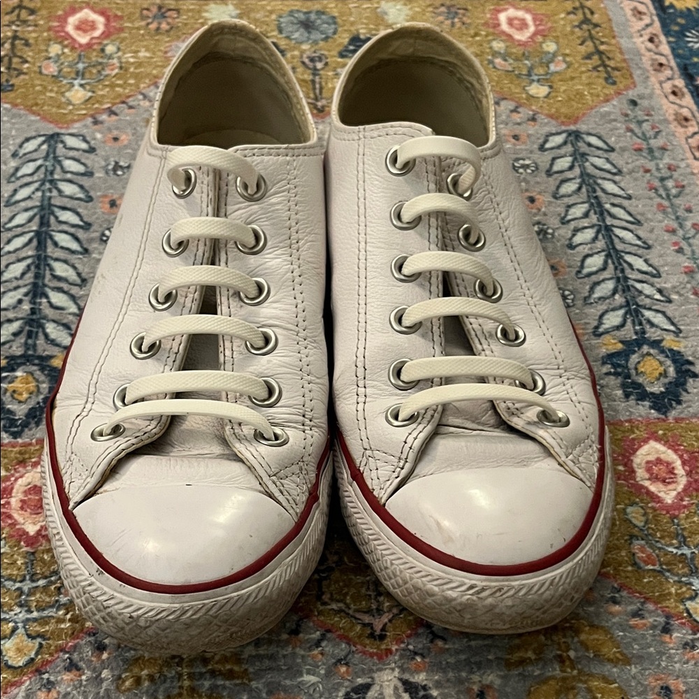 Converse Leather White Low-Top Sneakers with Red Trim